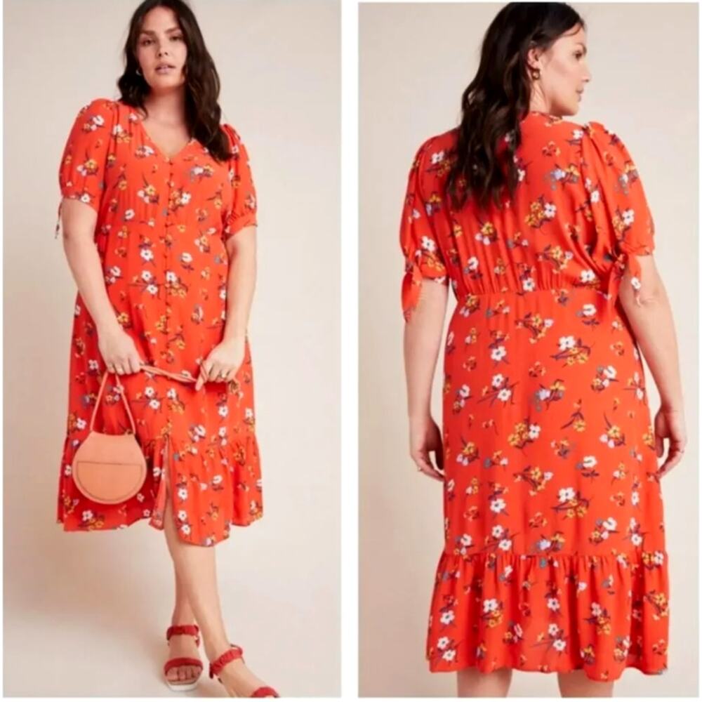 Anthropologie Maeve Eudora Midi Dress Women 26W Red Floral Button Retro Romantic